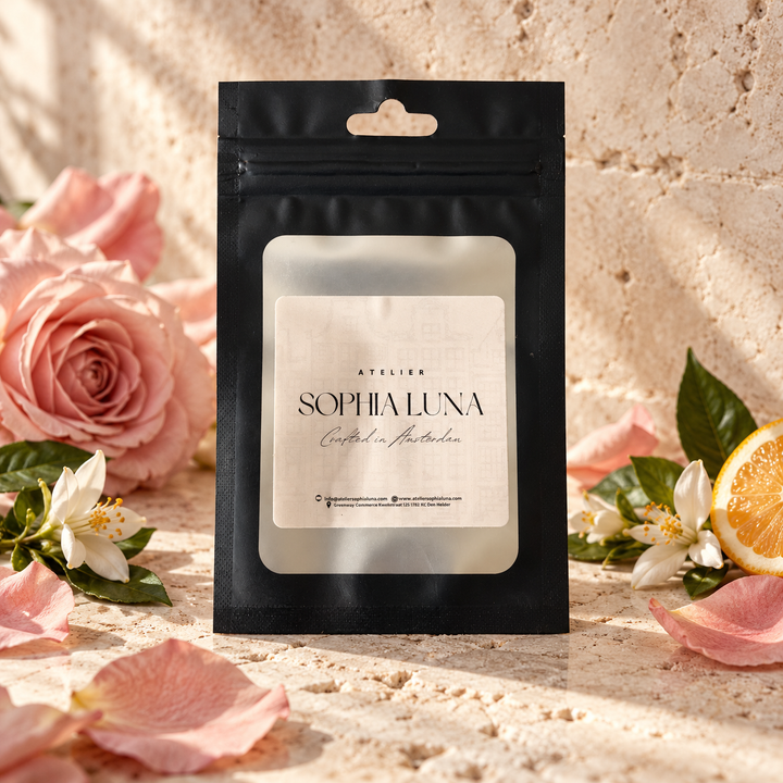 Geursample Art of Love in het zwarte Atelier Sophia Luna samplezakje